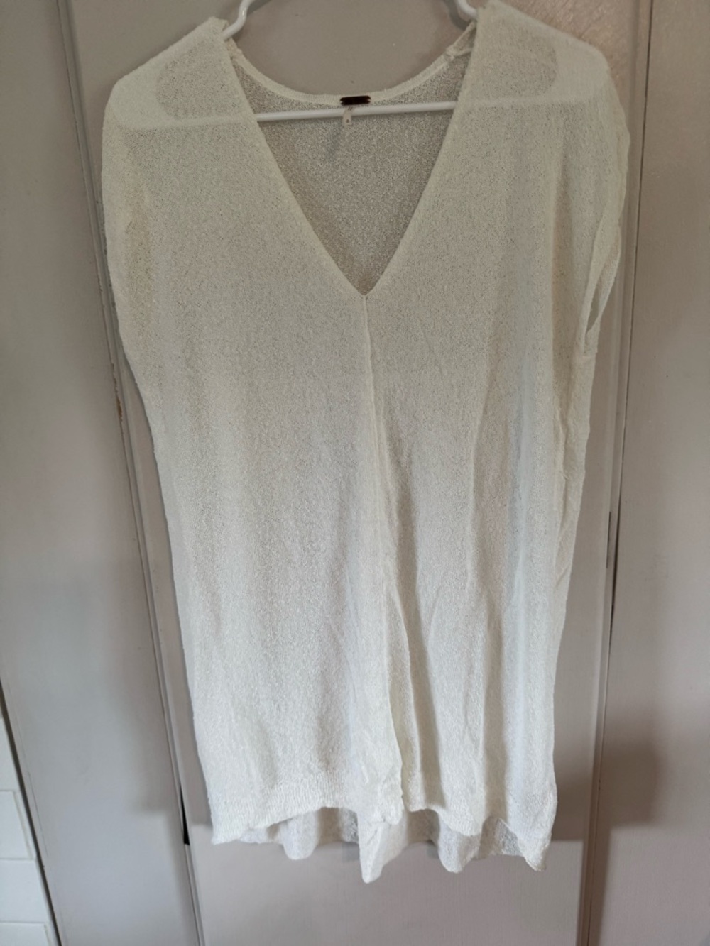 Free People Cream Open-Knit V-Neck Sweater